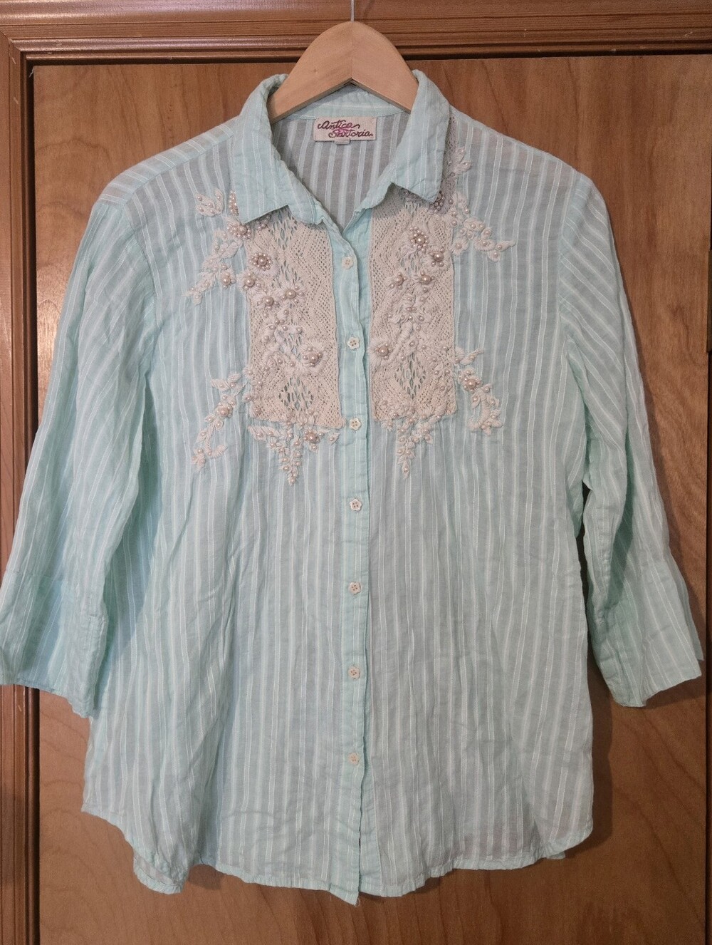 Antica Sartoria Mint Green Striped Blouse With Cream Lace Applique **Please Read